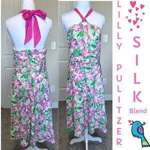 Vintage Label Lilly Pulitzer Floral Silk Cotton Blend Halter Tie Dress Sz 8